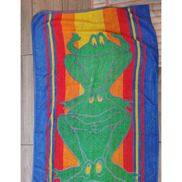 Vintage Cecil Saydah Funny Frogs Beach Towel, 100% Cotton, Kitsch Fun Striped - Picture 2 of 6
